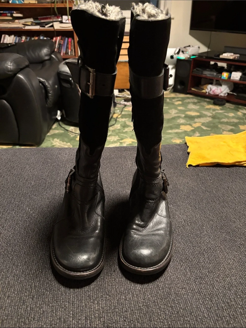 Women's Black Leather Knee-High Winter Boots with Faux Shearling Trim